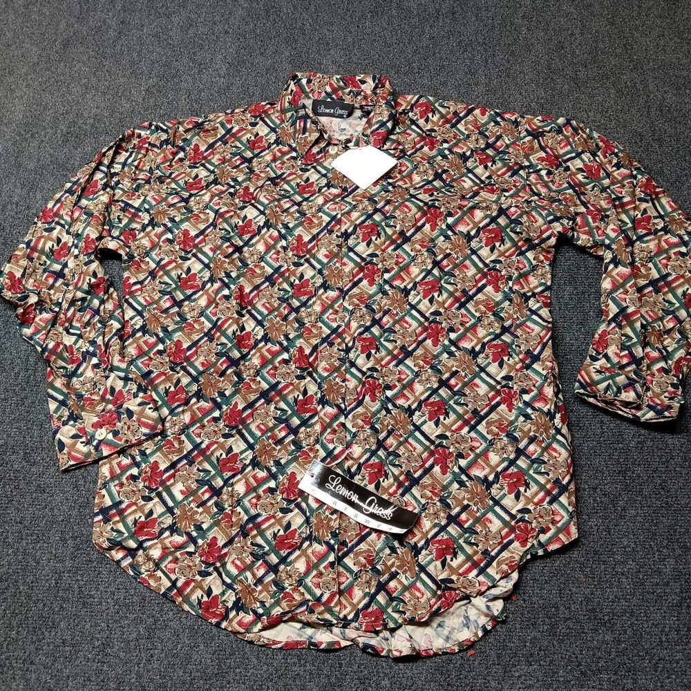NWT NOS Vintage Lemon Grass Blouse Shirt Women‎ Small Busy Floral Abstract 90s